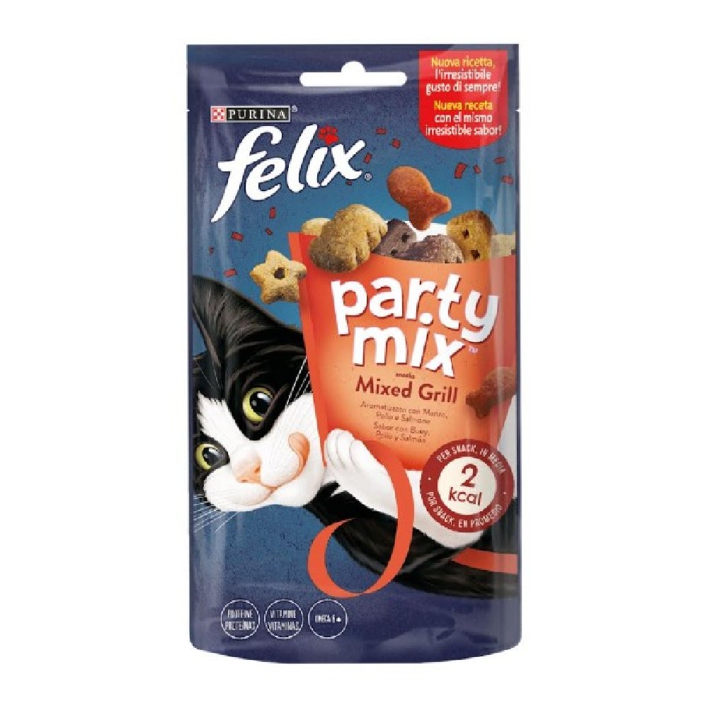 Pethellas Λιχουδιά Γάτας Felix Party Mix Snacks Mixed Grill Με Βοδινό Κοτόπουλο Και Σολομό 60 Gr