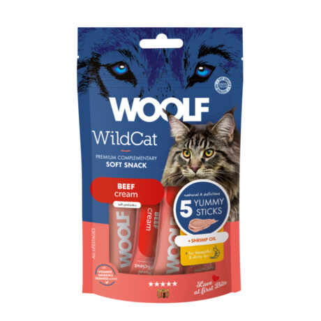 Woolf Wildcat Κρεμώδες Λιχουδιά Γάτας με Βοδινό & Λάδι Γαρίδας 5x14gr