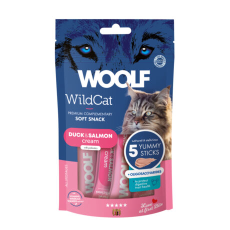 Woolf Wildcat Κρεμώδες Λιχουδιά Γάτας με Πάπια, Σολομό & Ολιγοσακχαρίτες 5x14gr