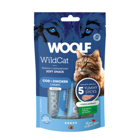Woolf Wildcat Κρεμώδες Λιχουδιά Γάτας με Μπακαλιάρο, Κοτόπουλο & Εκχύλισμα Γιούκα 5x14gr