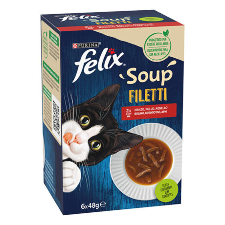 Purina Felix Soup Filleti Υγρή Τροφή για Ενήλικες Γάτες σε Φακελάκι με Αρνί, Βοδινό & Κοτόπουλο 48gr 6τμχ