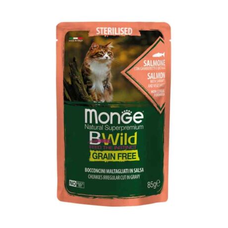 Monge Bwild Grain Free Υγρή Τροφή για Στειρωμένες Γάτες Σολομός, Γαρίδες και Λαχανικά 85gr