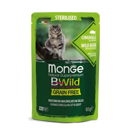 Monge Bwild Grain Free Υγρή Τροφή για Στειρωμένες Γάτες Αγριόχοιρος και Λαχανικά 85gr