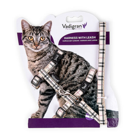 Vadigran Tartan Σαμαράκι & Λουρί Γάτας Μπεζ 30-35cm/10mm + 120cm