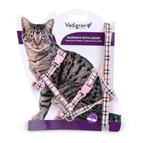 Vadigran Tartan Σαμαράκι & Λουρί Γάτας Ροζ 30-35cm/10mm + 120cm