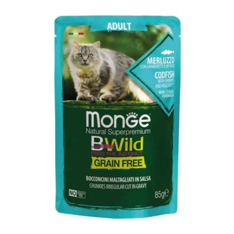 Monge Bwild Grain Free Υγρή Τροφή για Γάτες Μπακαλιάρος, Γαρίδες Και Λαχανικά 85gr