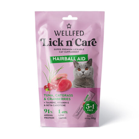 WellFed Lick 'n' Care Hairball Aid Λιχουδιά για Γάτες με Τόνο, Γατόχορτο & Cranberries 90gr